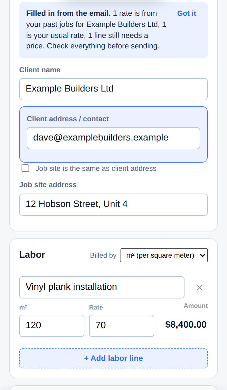 A job filled in from an email on a phone: a note says one rate is from past jobs for this client, one is the usual rate and one line still needs a price; the client, job site and a vinyl plank installation line are filled in