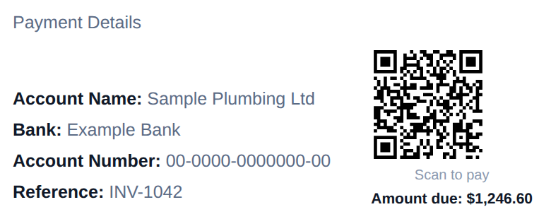 Close-up of the invoice's payment details: account name, bank, account number, reference, and a QR code labelled Scan to pay, amount due $1,246.60
