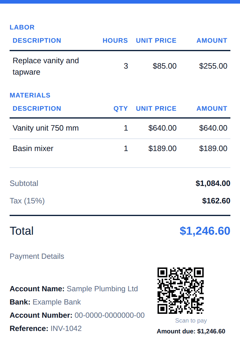 The lines, GST, total of $1,246.60, bank details and scan-to-pay QR code from a sample tax invoice to John Smith