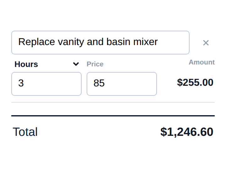 One line filled in, Replace vanity and basin mixer, 3 hours at 85, $255.00, and the job's total of $1,246.60
