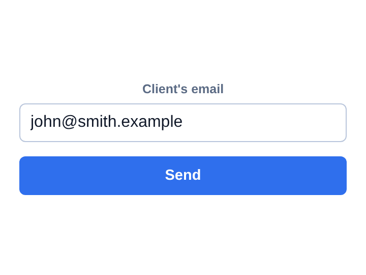 The client's email address filled in, with a blue Send button under it
