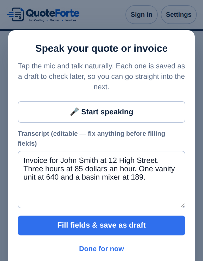 The QuoteForte voice screen on a phone, showing the spoken words written out